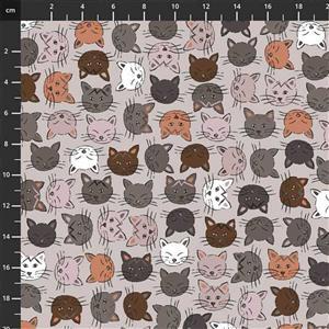 Fluffy Raffi Cats Heads Multi on Light Grey Fabric 0.5m