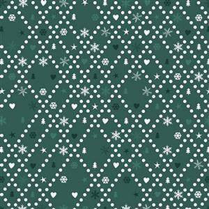 Christmas Spotted Lines Motifs on Green Fabric 0.5m