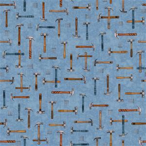 Dan Morris A Little Handy Hammer and Nails Workshop Blue Fabric 0.5m