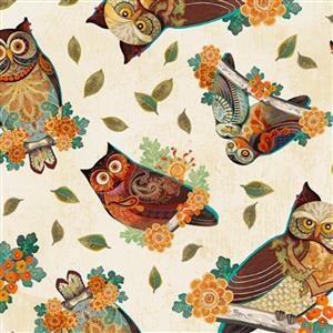 Owl Arabesque Tossed Owls Cream Fabric 0.5m