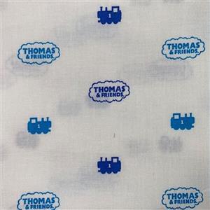 Riley Blake All Aboard With Thomas & Friends Blue Logos On White Fabric 0.5m