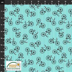 Happiest Little Camper Camping, Bike & Stripe on Teal Fabric 0.5m
